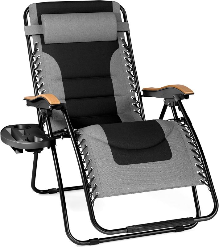 Photo 1 of PHI VILLA XXL Oversized Padded Zero Gravity Chair, Foldable Patio Recliner, 30" Wide Seat Anti Gravity Lounger with Cup Holder, Support 400 LBS (Gray)

