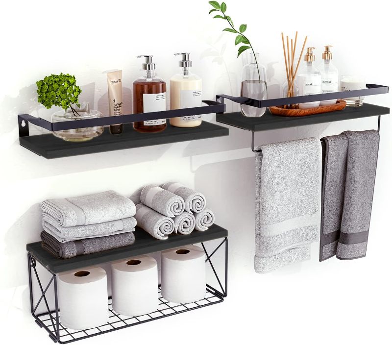Photo 1 of Bathroom Shelves with Wire Storage Basket, Floating Shelves Over Toilet with Protective Metal Guardrail, Wall Shelves for Bedroom, Living Room, Kitchen and Bathroom Toilet Paper
