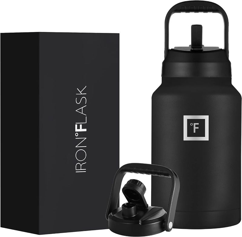 Photo 1 of IRON °FLASK Sports Water Bottle - Gallon Series - 2 Lids (Straw and Spout), Leak Proof, Vacuum Insulated Stainless Steel, Double Walled, Thermo Mug, Metal Canteen Jug Growler - Midnight Black, 128 Oz
