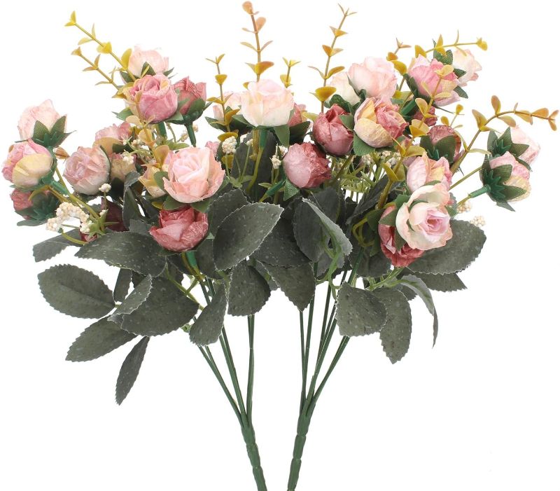 Photo 1 of Duovlo 7 Branch 21 Heads Artificial Flowers Bouquet Mini Rose Wedding Home Office Decor,Pack of 2 (2 PCS Pink)
