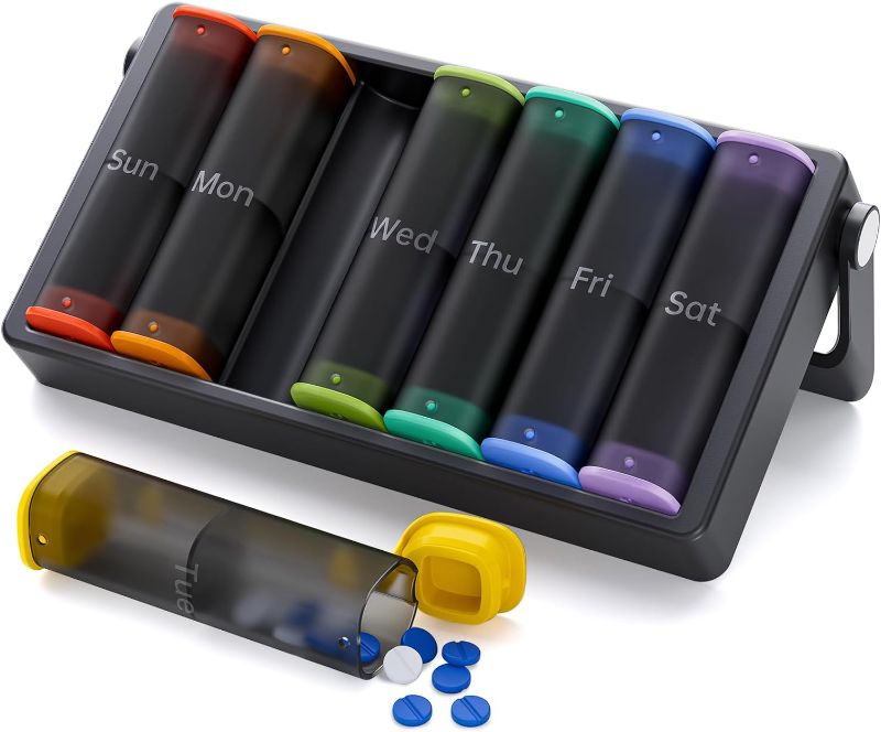 Photo 1 of Weekly Pill Organizer 2 Times a Day, KOVIUU Large Travel Pill Box 7 Day, Am Pm Twice Daily Pill Case with Rotatable Handle, Pill Holder Container for Vitamin, Medicine, Supplement, Translucent-Black
