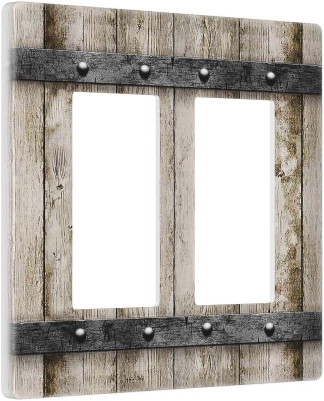 Photo 1 of Rustic Vintage Brown Wood Plank 2 Gang Double GFCI Rocker Rocker/Decorator Light Switch Cover Decorative Outlet Wall Plate Electrical Faceplate Screwless
