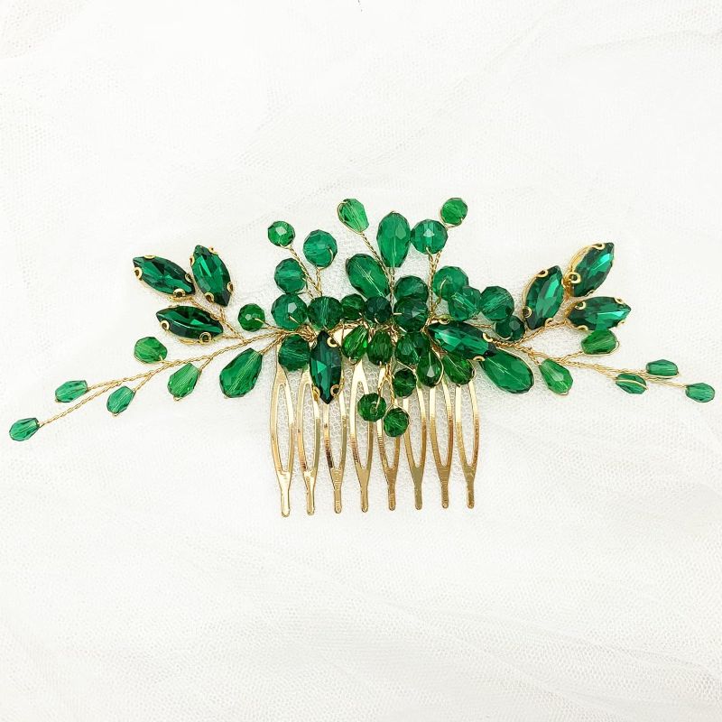 Photo 1 of Emerald Crystal Hair Comb Wedding Bridal Green Rhinestones Hair Vine Piece Accessories Handmade for Women Girls (Emerald Green)
