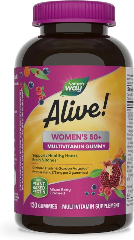 Photo 1 of Nature's Way Alive! Women’s 50+ Daily Gummy Multivitamin, Supports Multiple Body Systems*, Supports Healthy Heart, Brain & Bones*, B-Vitamins, Mixed Berry Flavored,130 Gummies (Packaging May Vary)

