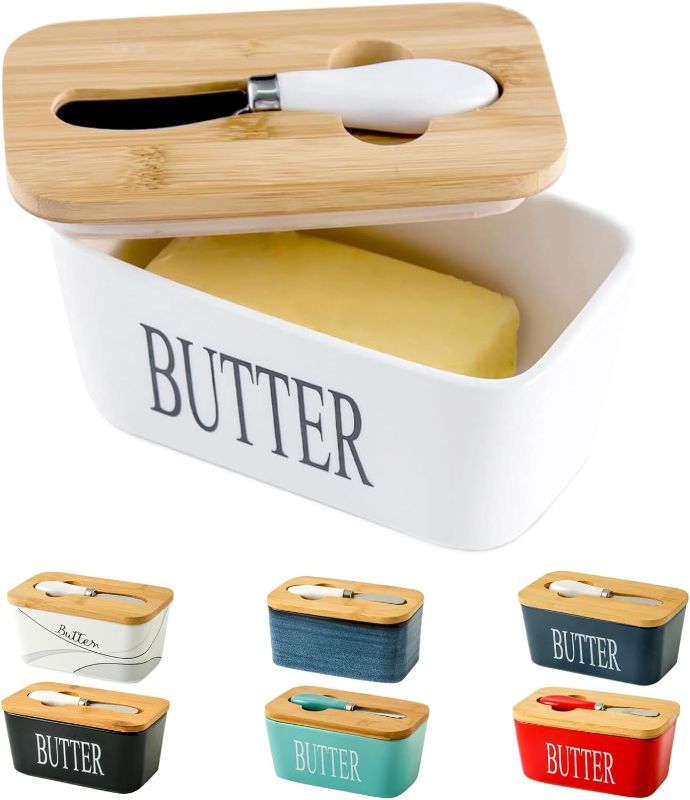Photo 1 of Hasense Porcelain Butter Dish with Bamboo Lid - Covered Butter Keeper with Butter Knife for Countertop, Airtight Butter Container with Cover Perfect for East West Coast Butter, White
