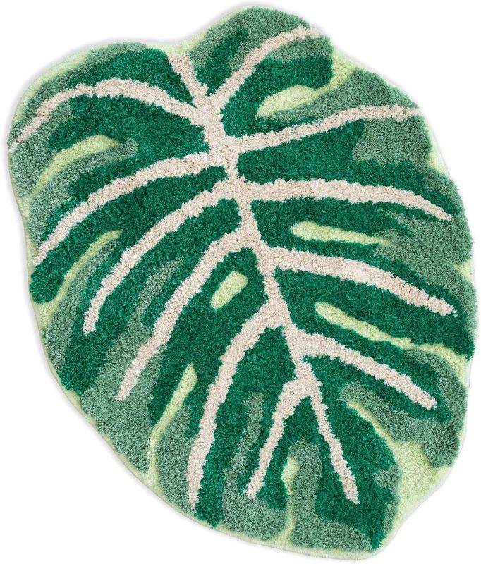 Photo 1 of Monstera Non Slip Bath Mat or Kitchen Tufted Rug, Plant Leaf Shaped Kids Pets Floor Mat Carpet, Green, 32" x 24"

