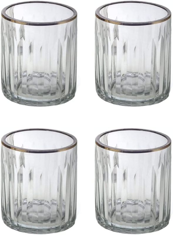 Photo 1 of Serene Spaces Living Set of 4 Etched Stripes Glass Votive Holders with Gold Rim, Ideal for Wedding Decorations, Parties, Events, Measures 3" Tall and 2.5" Diameter
