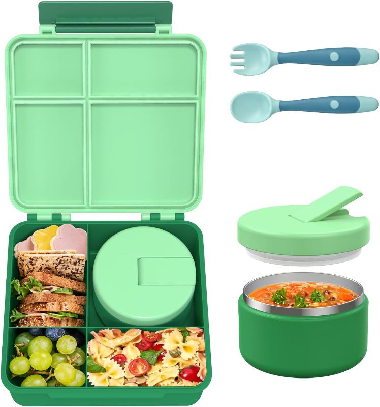 Photo 1 of Bento Lunch Box with 8oz Soup Thermo, Leak-Proof Lunch Containers with 4 Compartment, Thermo Hot Food Jar and Insulated Lunch Box for School Green
