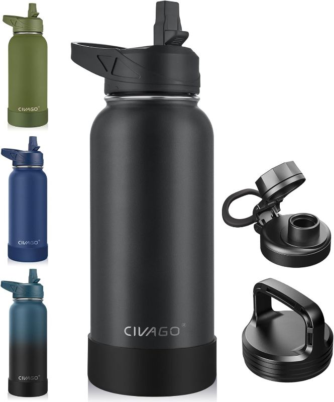 Photo 1 of CIVAGO 32 oz Insulated Water Bottle With Straw, Stainless Steel Sports Water Cup Flask with 3 Lids (Straw, Spout and Handle Lid), Wide Mouth Travel Thermal Mug, Black
