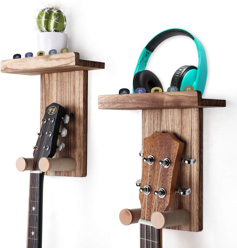 Photo 1 of Keebofly Guitar Wall Mount,2 Pack Guitar Wall Hangers Holder Guitar Hangers Shelf with Pick Holder Wood Guitar Rack for Acoustic or Electric Guitar,Ukulele,Bass,Mandolin Brown,[Patented]
