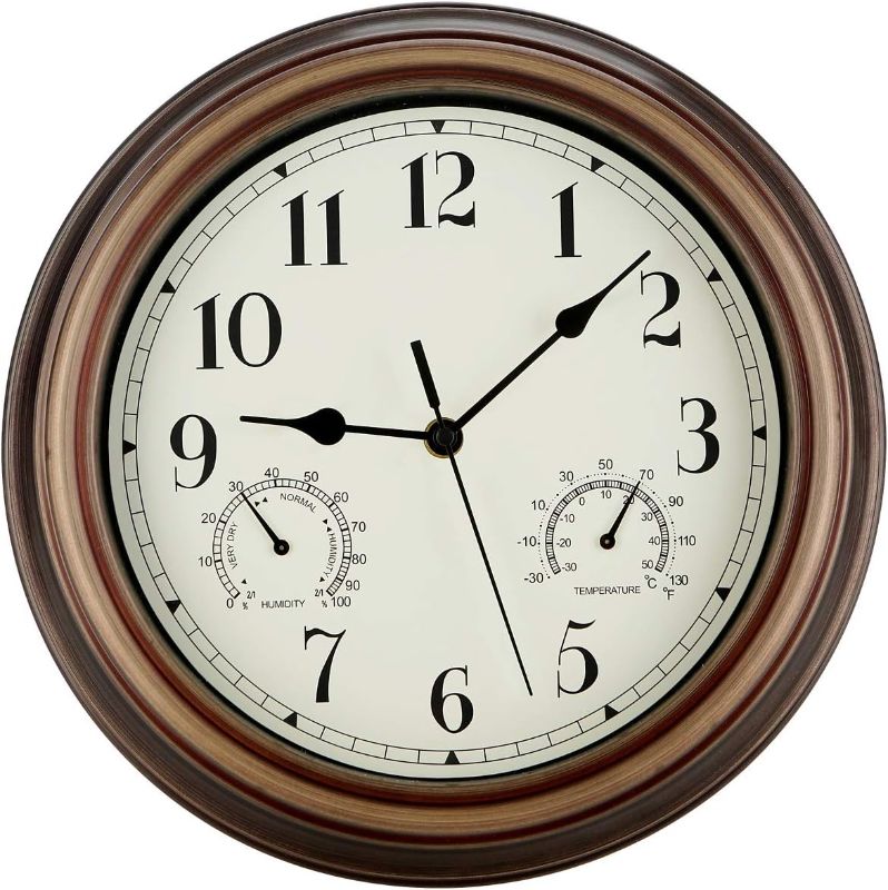 Photo 1 of Rsobl 12 Inch Indoor Outdoor Wall Clock Waterproof with Temperature and Humidity Combo,Battery Operated Non Ticking Silent Clock Wall Decorative
