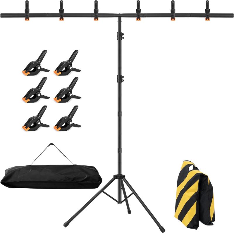 Photo 1 of 8x5ft T-Shape Backdrop Stand, Adjustable Background Support Stand Kit, Portable Photo Banner Holder with 6 Spring Clamps, Sandbag, Carry Bag for Party, Wedding, Photography and Decoration
