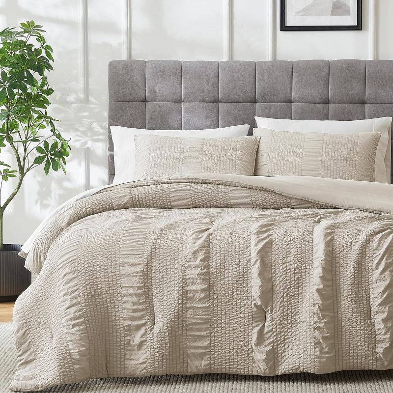 Photo 1 of Seersucker Beige Twin size Comforter Set, 2 Pieces- Soft Washed Microfiber Tan Comforter with 1 Pillowcase sham, Cream Fluffy Down Alternative Bedding Comforter Sets for All Season (68x90 inches)
