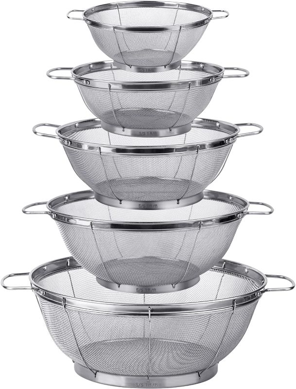 Photo 1 of 5 Pack 18/8 Stainless Steel Colander Sieves, Multi Size Mesh Strainer Net Baskets with Handles & Resting Base for Strain, Drain, Rinse or Steam
