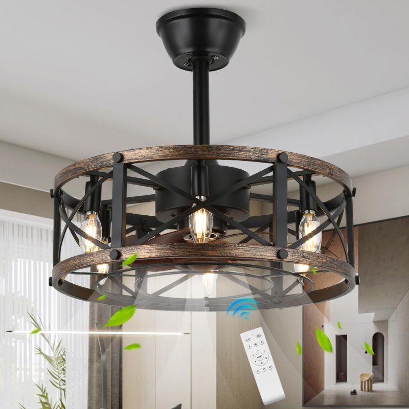 Photo 1 of 19" Farmhouse Caged Ceiling Fan with Light, 6 Speed, 6-Light, Fandelier Bladeless Ceiling Fans with Lights, Low Profile Enclosed Small Ceiling Fans for Farmhouse, Bedroom, Black
