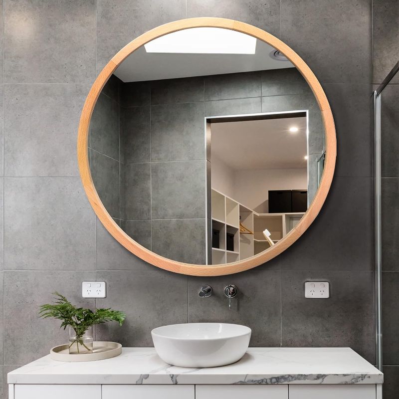 Photo 1 of Wood Round Mirror 24" Circle Wall Mirror Farmhouse Bathroom Vanity Mirror for Living Room Bedroom Entryway Modern Decoration (24" Freely Natural Beech Wood)
