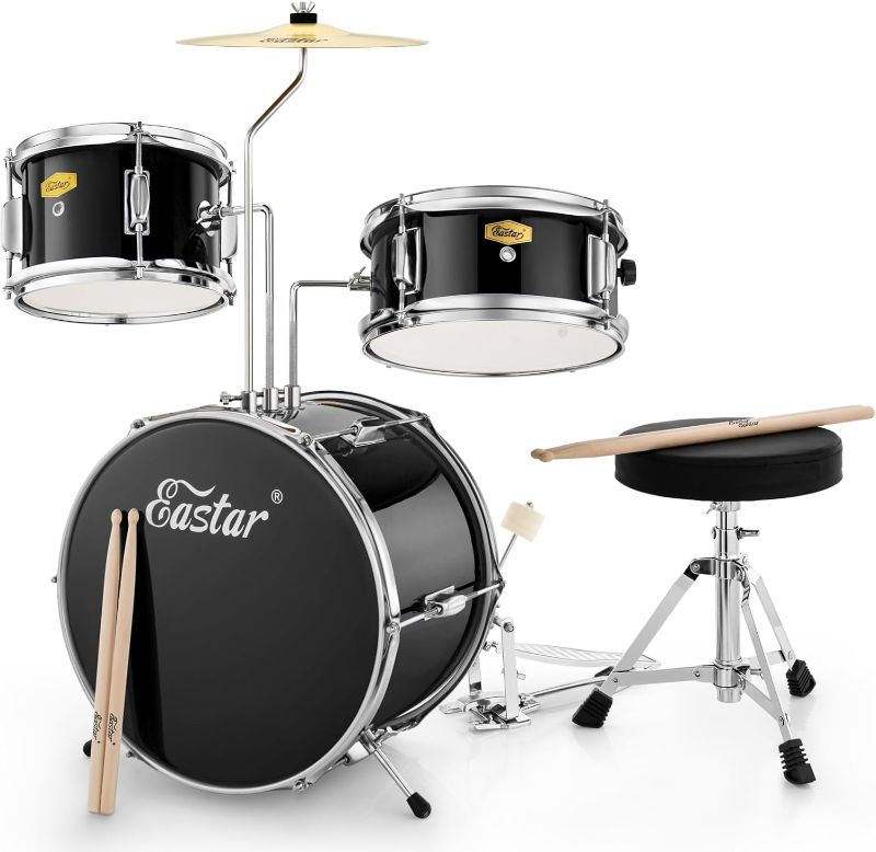 Photo 1 of Eastar Drum Set 14'' for Kids Beginners,3 Piece with Bass Tom Snare Drum,Adjustable Throne, Cymbal, Pedal & Two Pairs of Drumsticks, Metallic All Black
