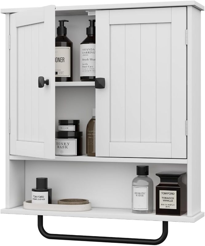 Photo 1 of Bathroom Cabinet Wall Mounted Medicine Cabinets with Towels Bar, Over The Toilet Storage Cabinet with 2 Doors and Adjustable Shelf, White Wall Cabinet for Bathroom Laundry Kitchen
