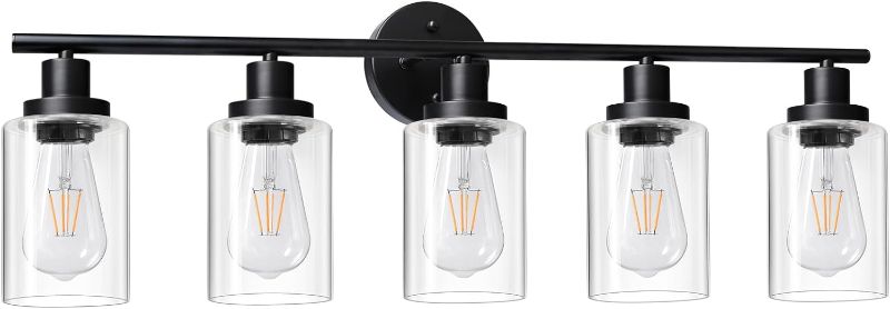 Photo 1 of Unicozin Modern Matte Black 5 Lights Wall Lights, Wall Sconces Light with Clear Glass Shade, Vanity Light Fixtures for Bathroom, Living Room, Kitchen, Bedroom, E26 Base (Bulbs Not Included)
