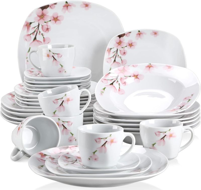 Photo 1 of VEWEET, Series Annie, Porcelain Dinnerware Sets for 6, White Dish Set with Pink Floral, 30 PCS Dinner Sets Including Dinner Plates, Dessert Plates, Soup Plates Set, Cups & Saucers

