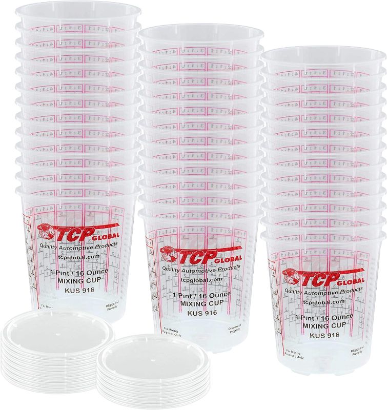 Photo 1 of Custom Shop - Pack of 36 Each - 16 Ounce Graduated Paint Mixing Cups - Cups are Calibrated with Multiple Mixing Ratios - Also Includes 12 Lids
