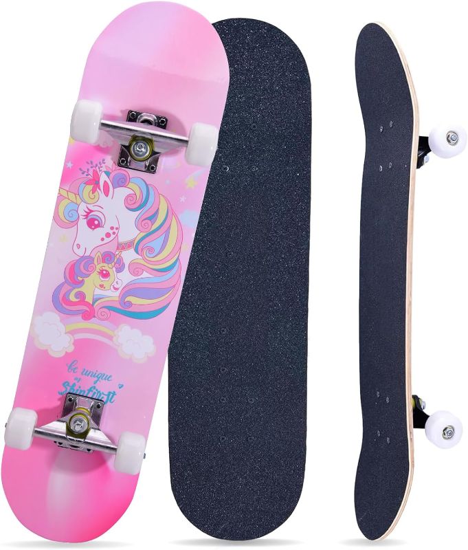 Photo 1 of Skateboards for Beginners Kids Boys Girls Teens and Adults, 31 Inch Complete Standard Skateboards with 7-Layer Maple Double Kick Deck Unicorn and Skull Design

