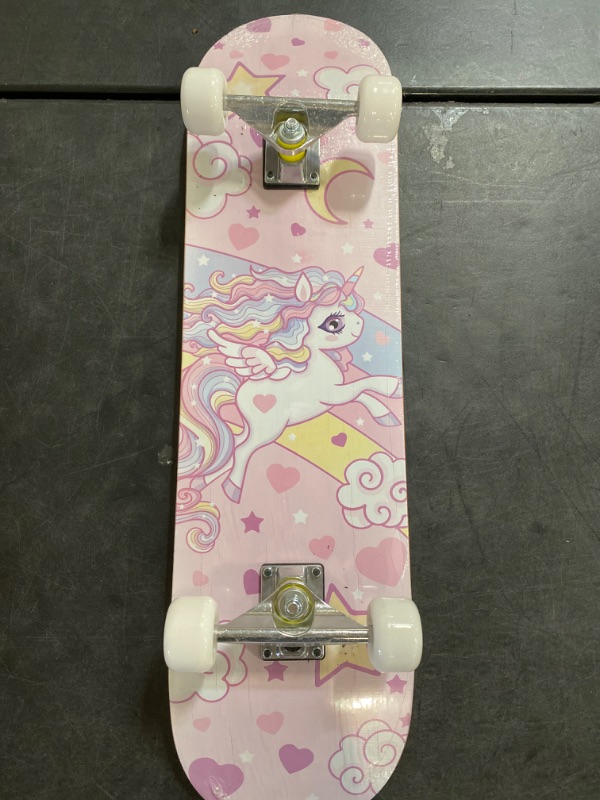 Photo 2 of Skateboards for Beginners Kids Boys Girls Teens and Adults, 31 Inch Complete Standard Skateboards with 7-Layer Maple Double Kick Deck Unicorn and Skull Design
