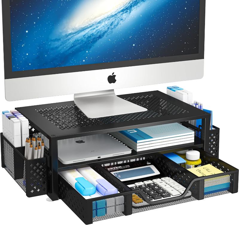 Photo 1 of Simple Trending 2 Tier Metal Monitor Stand Monitor riser and Computer Desk Organizer with Drawer and Pen Holder for Laptop, Computer, iMac, Black
