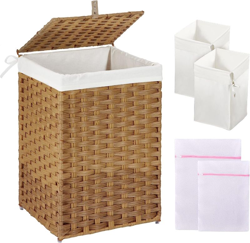 Photo 1 of Greenstell Laundry Hamper with Lid, 60L Clothes Hamper with 2 Removable Liner Bags & 2 Mesh Bags, Handwoven Synthetic Rattan Basket, Toys in Bathroom, Bedroom Natural
