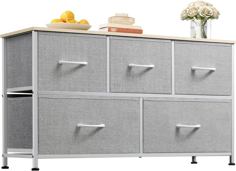 Photo 1 of WLIVE Dresser for Bedroom with 5 Drawers, Wide Chest of Drawers, Fabric Dresser, Storage Organization Unit with Fabric Bins for Closet, Living Room, Hallway, Light Grey
