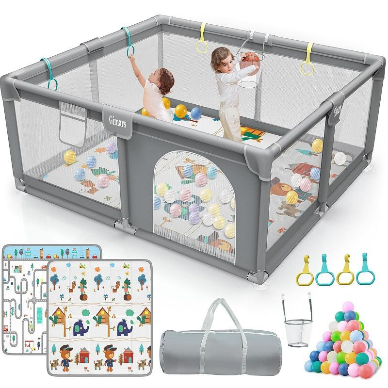 Photo 1 of Gimars Upgraded Washable Baby Playpen with Padding Mat, 6in1 Large Playpen for Toddlers, Sturdy & Safe Playpen with Padded Cotton Top Rod for Protecting Babies, Baby Play Yard with Zipper Gate- no balls
