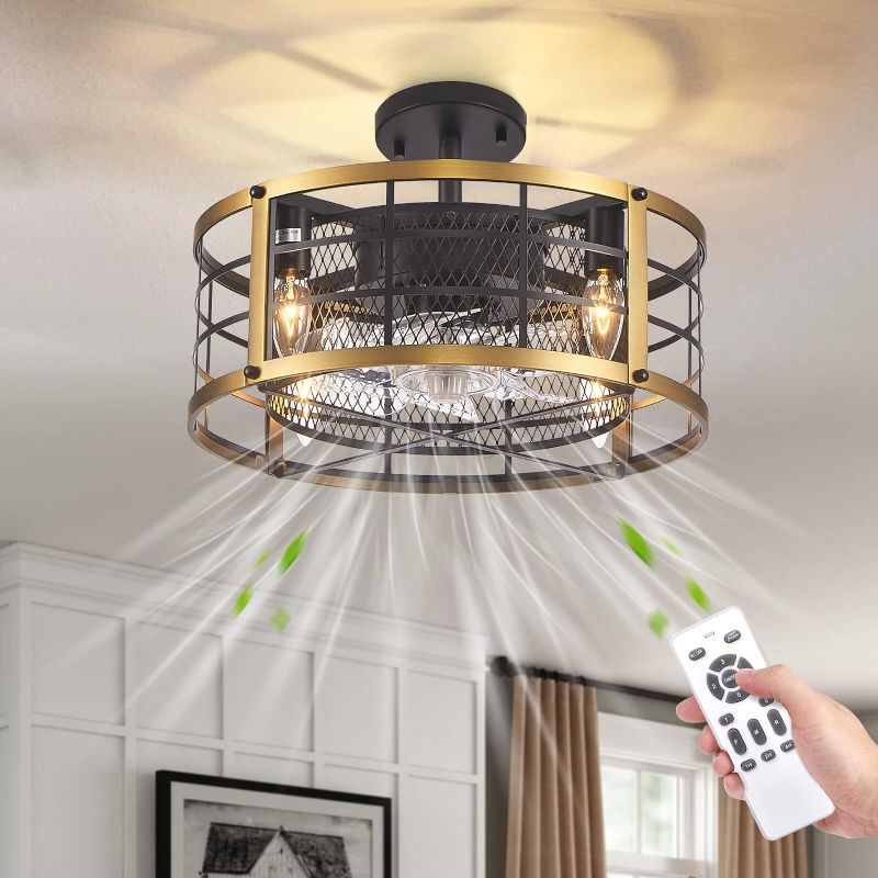 Photo 1 of 16 Inch Caged Ceiling Fan with Lights Remote Control, Black and Gold Ceiling Fan with Lights and 6 Speeds, Small Bladeless low profile Ceiling Fan for Bedroom, Living Room, Study, Kitchen
