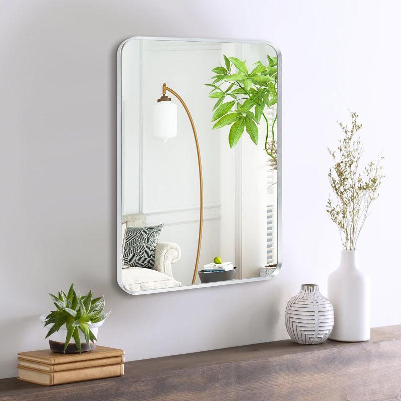 Photo 1 of Wall Mount Small Mirror, Brushed Silver Metal Framed Rounded Corner Rectangular Makeup Mirror for Bathroom, Bedroom, Living Room (12" x 16", Silver)
