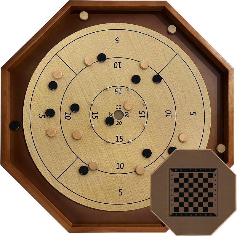 Photo 1 of Tournament Crokinole Board Game 30 Inch, 2 in 1 Crokinole and Checkers with 26” Playing Surface, Metal Pegs, Wooden Octagon Canadian Tabletop Board Game Krokinole for Families and Friends
