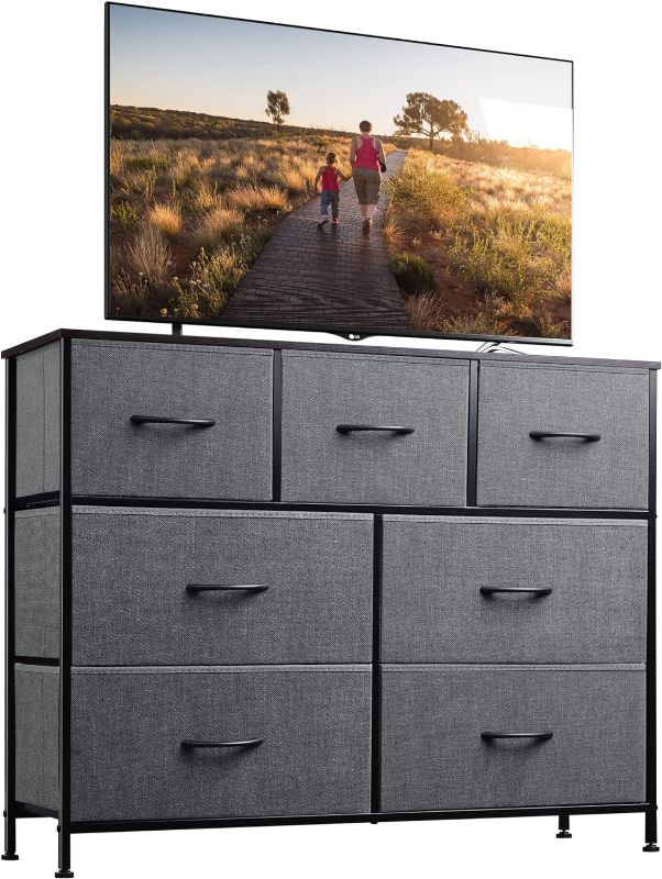 Photo 1 of WLIVE Dresser TV Stand, Entertainment Center with Fabric Drawers, Media Console Table with Metal Frame and Wood Top for TV up to 45 inch, Chest of Drawers for Bedroom, Dark Grey
