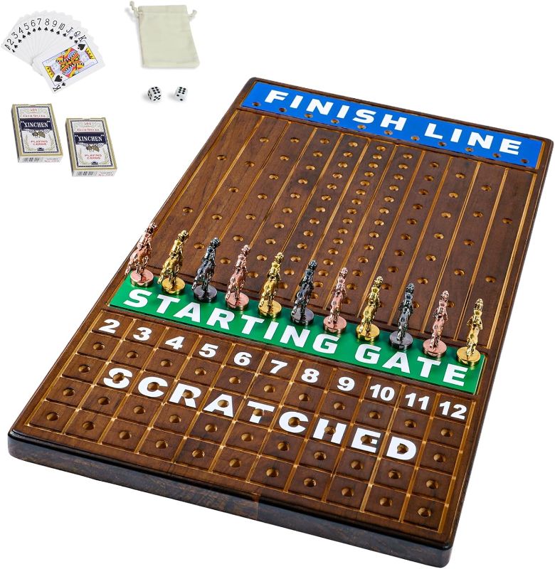 Photo 1 of Large 21 inch Finish LINE Horse Racing Board Game is Equipped with 11 Luxury Metalcraft Horses Adult Chessboard Including 2 Sets of Dice and 2 Boxes of Cards (Flaming Color)
