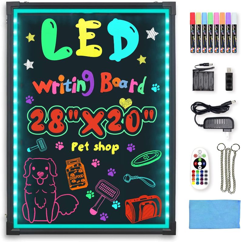 Photo 1 of Hosim LED Message Writing Board, 28” x 20" Illuminated Erasable Neon Effect Restaurant Menu Sign with 8 Colors Markers, 7 Colors Flashing Mode DIY Message Chalkboard for Kitchen Wedding Promotions
