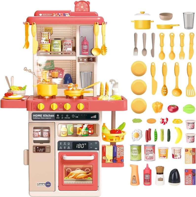Photo 1 of deAO Pretend Play Kitchen Playset for Kids, Pink Interactive Kitchen Toy Accessories with Sounds Lights Stove Cooking Sink and Play Food, Toddler Kitchen Toys Gift for Boys Girls
