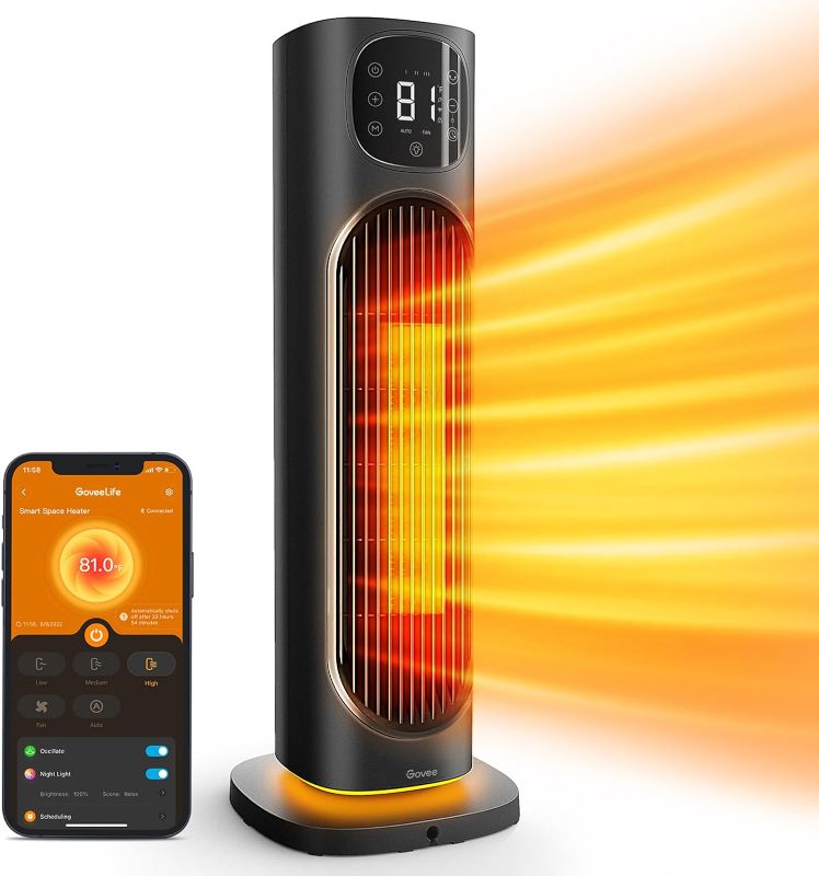 Photo 1 of Govee Smart Space Heater for Indoor Use, 1500W Ceramic Tower Heater with Thermostat APP&Voice Control, Quiet Portable Electric Heater with RGB Night Light for Large Rooms, Bedroom, Office
