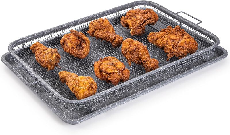 Photo 1 of Air Fryer Basket For Oven, Air Fryer Tray, Crisper Tray Non-Stick, Oven Baking Tray with Elevated Mesh, 2 Piece Set Extra Large 13"X19" Granite - by Nuovva
