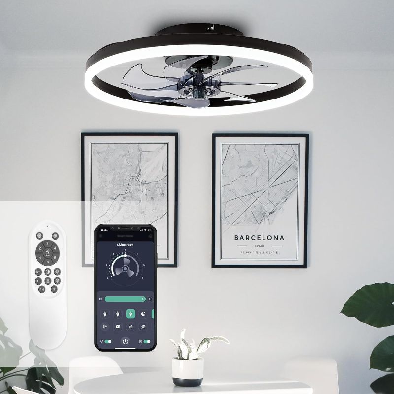 Photo 1 of STERREN 20'' Modern Low Profile Ceiling Fan with Light, Bedroom LED Ceiling Fan with Remote Control, Bladeless Flush Mount Black Fan Lights Ceiling Fixtures for Living Room,Small Room
