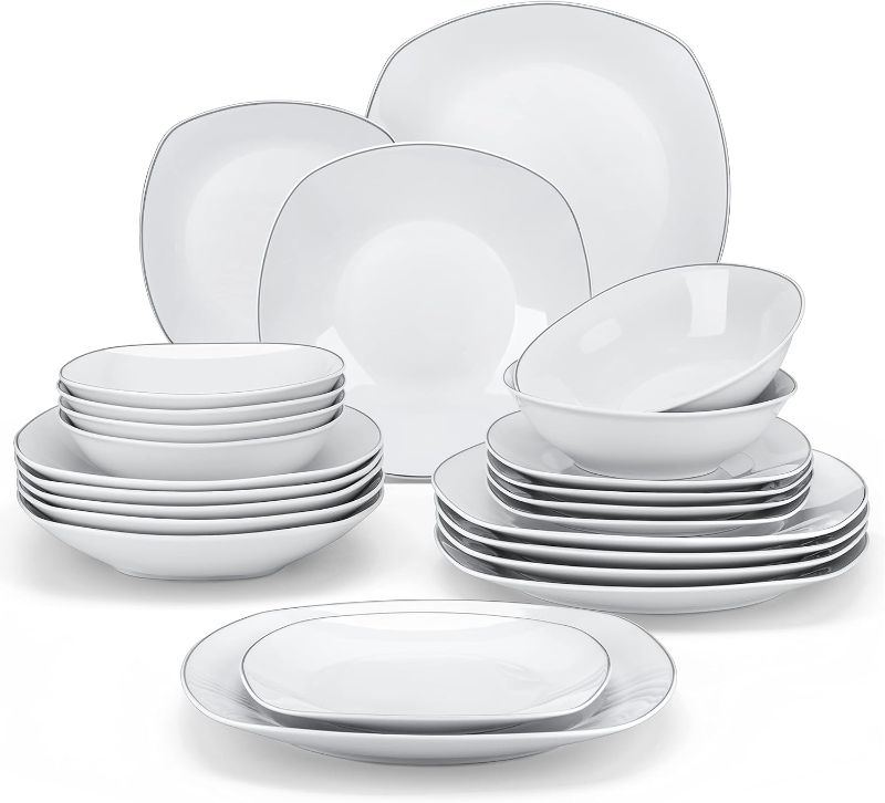 Photo 1 of MALACASA Dinnerware Sets, 24-Piece Porcelain Square Dishes - White with Silver Rim, Modern Dish Set for 6 - Plates and Bowls Sets, Ideal for Dessert, Salad, Soup and Pasta - Series ELISA

