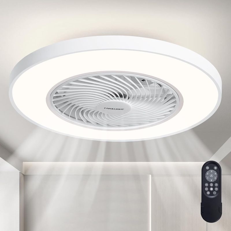 Photo 1 of 20" Enclosed Ceiling Fan with Light and Remote, Flush Mount Bladeless LED Ceiling Fan with Lights, Modern Low Profile Ceiling Fan for Bedroom Living Room Kitchen Dining Room
