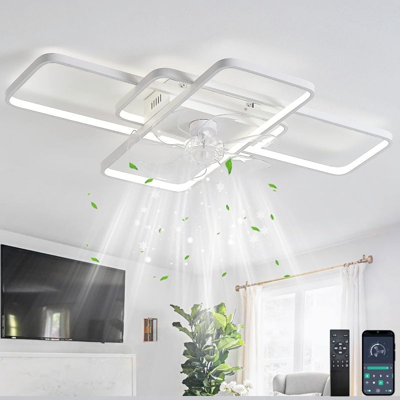Photo 1 of White, Modern Bright LED Ceiling Fan with Lighting, Smart Remote Control Dimmable 3-Head Rectangular Ceiling Fan Light, Reversible in Summer and Winter, For Living Room Bedroom, 72CM/85CM ( Size : 72C
