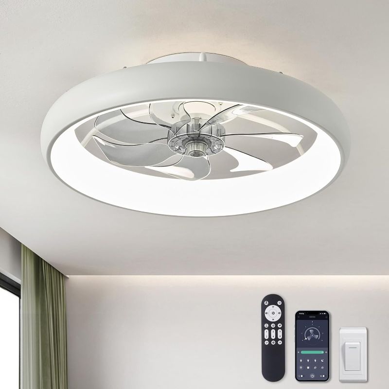 Photo 1 of Ceiling Fans with Lights and Remote, 20'' Low Profile Flush Mount Ceiling Fan with Lights, 6 Wind Speeds, Modern Dimmable LED Ceiling Fan, Smart Ceiling Fan for Bedroom, Kids Room (White)
