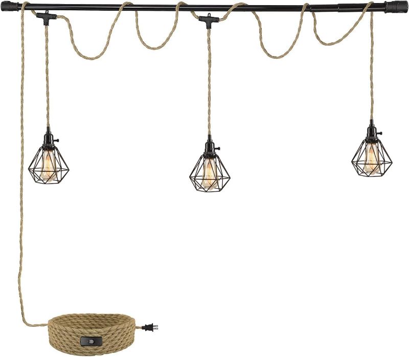 Photo 1 of 3-Light Hanging Light with Plug in Cord,Plug in Pendant Light 22ft Hemp Rope Pendant Lighting Vintage 3-Light Metal Cage Hanging Lamp Fixtures for Kitchen Island Living Room Bedroom
