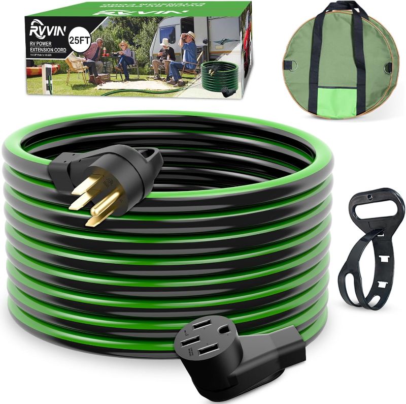 Photo 1 of 50 Amp 25 Feet RV/EV Extension Cord, Heavy Duty STW Cord with Cord Organizer and Storage Bag, NEMA 14-50P/R Standard Plug Suit for EV Charging and RV Trailer Campers, ETL Listed(Black&Green)

