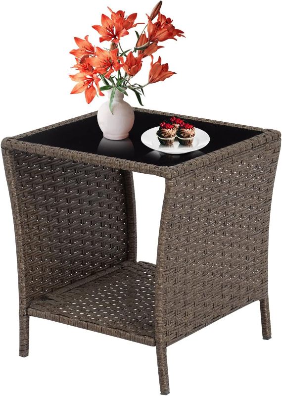Photo 1 of Outdoor Side Table Wicker Rattan Side Tables, End Table for Patio with Glass Top Rattan Storage for Patio Courtyard Balcony
