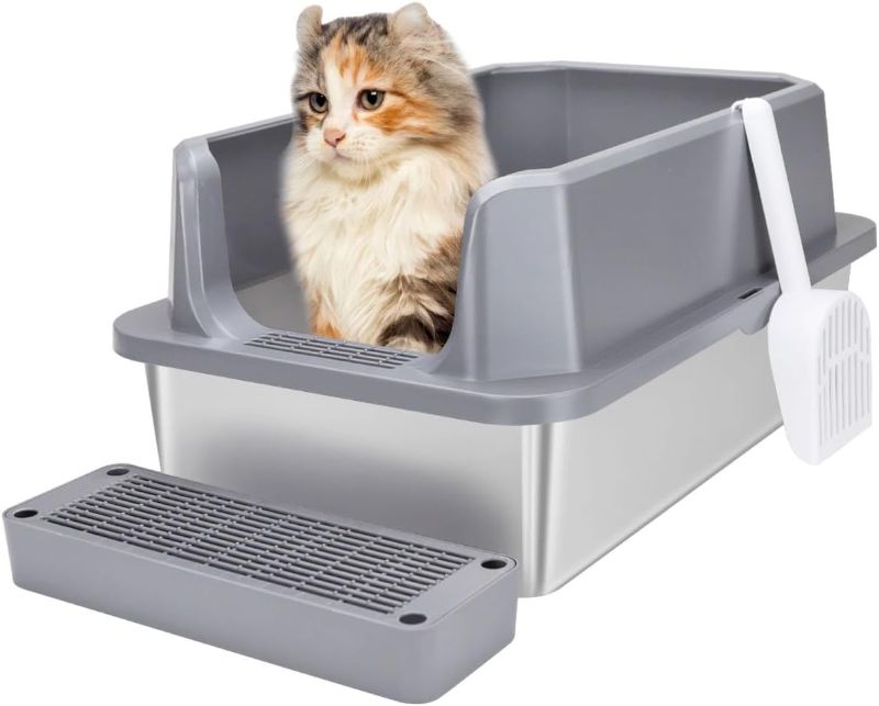 Photo 1 of RIZZARI Stainless Steel Cat Litter Box, Semi-Enclosed Litter Box with Raised Edges, Anti-Leakage & Odorless, Large Litter Box for Small to Large Sized Cats (Dark Gray)
