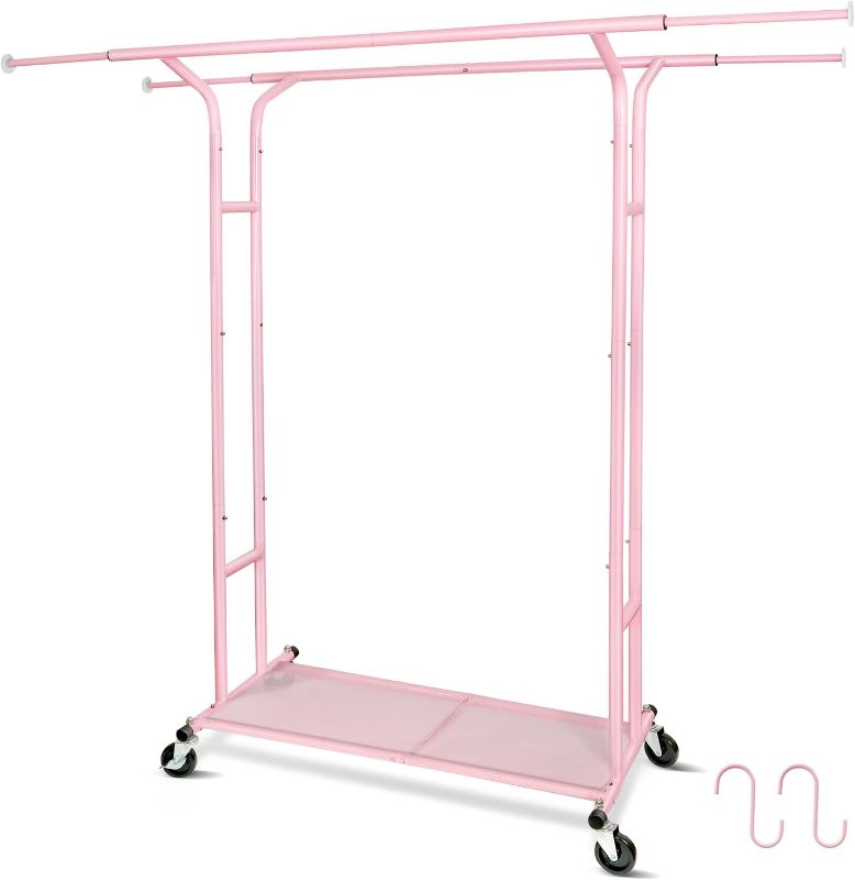 Photo 1 of Pink Heavy Duty Double Rod Garment Rack for Hanging Clothes, Rolling Clothes Organizer Commercial Metal with Lockable Wheels Mobile for Coats Dresses Women Girl, Dorm Bedroom Home
